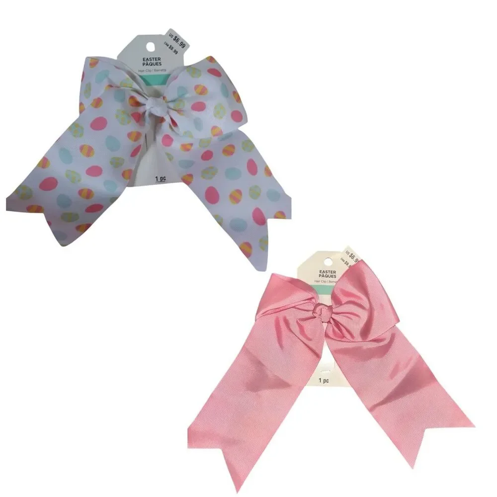 2x Easter Hair Clip Bow Grosgrain Pastel Painted Eggs Design And Pink 7